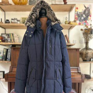 Nautica Women’s Long Puffer Coat – Navy Blue Quilted Winter Parka with Faux Fur